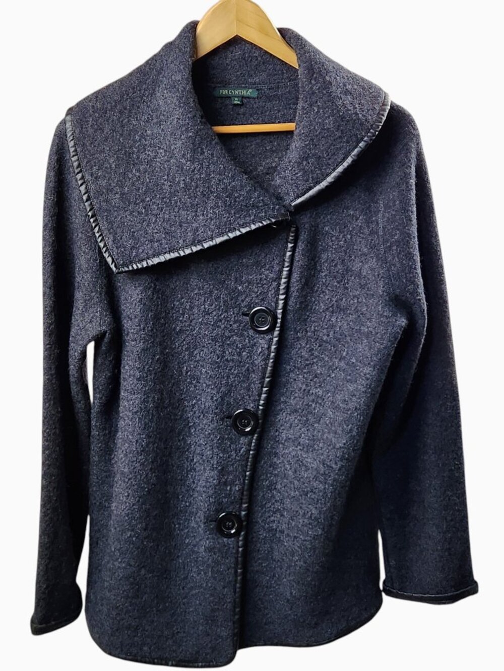 For Cynthia Charcoal Wool Jacket Women’s XL Wide Collar Leather Trim Buttons